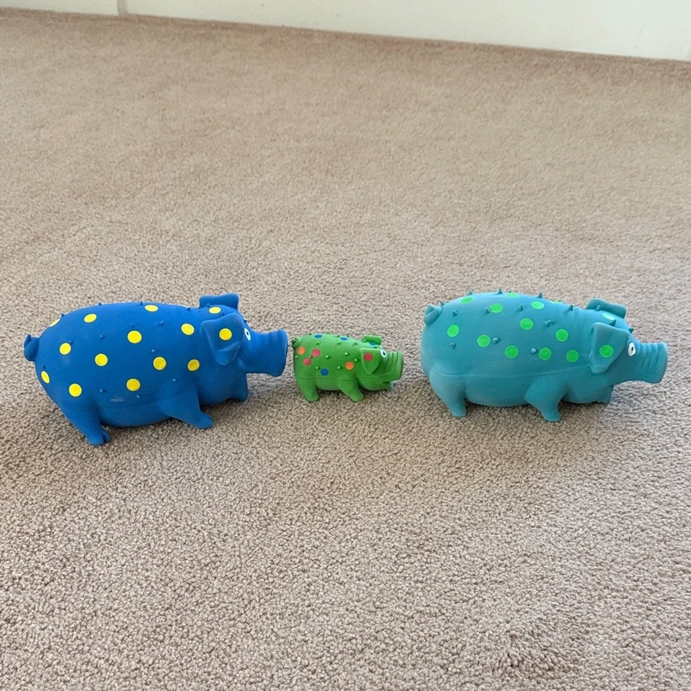 Set of 3 Colorful Rubber Pig Dog Toys - Blue, Teal, Green Pig Squeaky Dog Toy